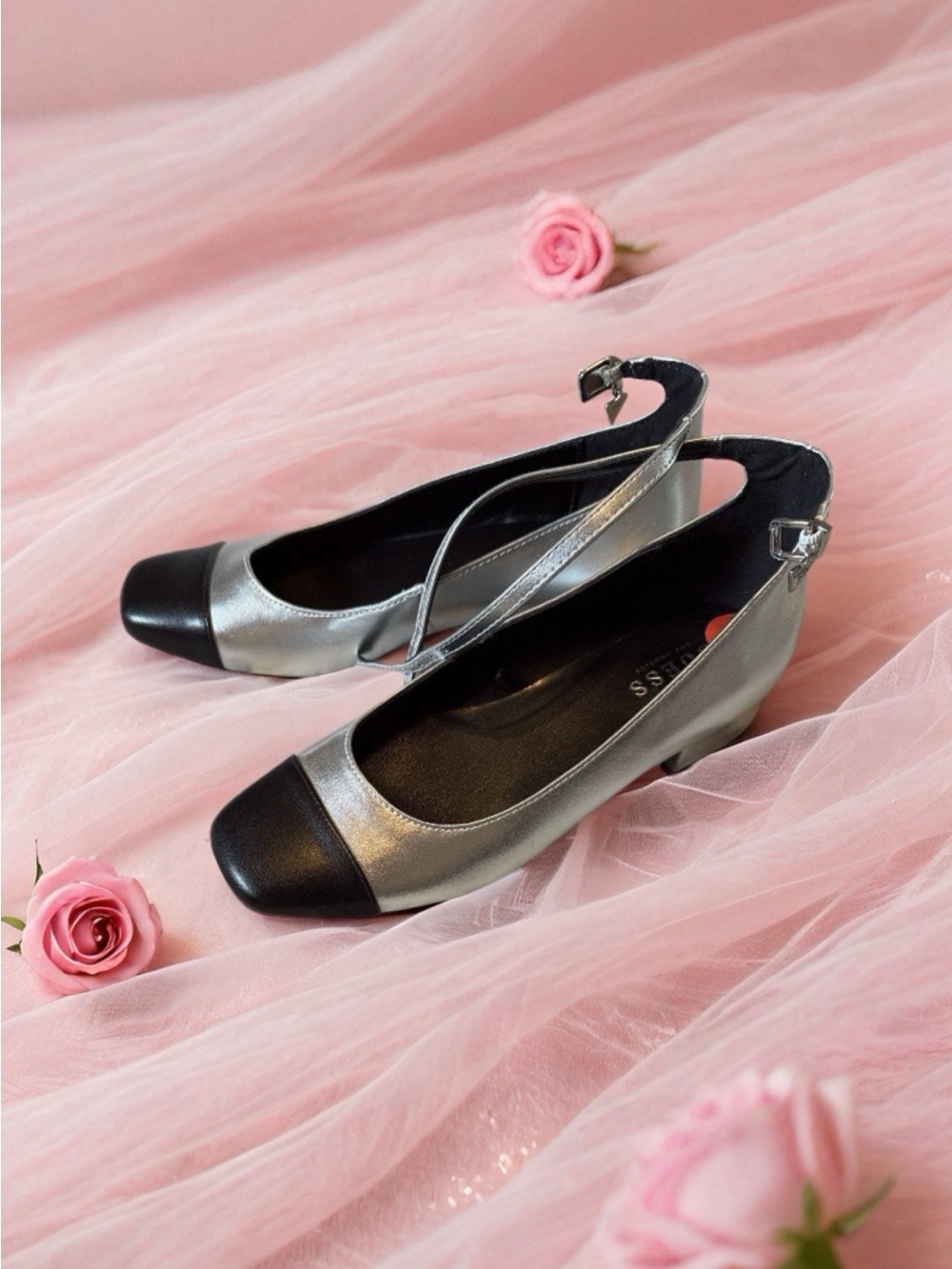 Guess Silver and Black Slingback Flats